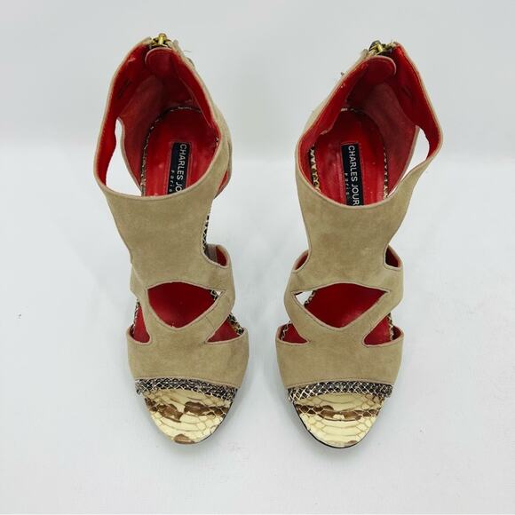Charles Jourdan Tan Snake Cut Out Heels - Picture 3 of 12